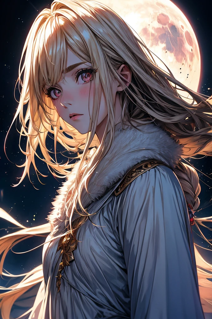 masterpiece, Highest quality, (Anime Girls), (Perfect Face:1.1), (High detail:1.1), (Ultra-detailed eyes), dramatic, (1 person:0.5), (Pale skin), Long blonde hair, Psychic Eyes, (Thin eyebrows), alone, Long Hair, moon, night, White luxury dress, fur, Proud look, Future City, Detailed Background, Art by artgerm, Cinema Lighting, rose,