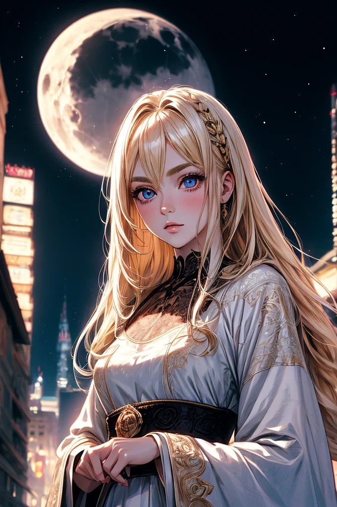 masterpiece, Highest quality, (Anime Girls), (Perfect Face:1.1), (High detail:1.1), (Ultra-detailed eyes), dramatic, (1 person:0.5), (Pale skin), Long blonde hair, Psychic Eyes, (Thin eyebrows), alone, Long Hair, moon, night, White luxury dress, fur, Proud look, Future City, Detailed Background, Art by artgerm, Cinema Lighting, rose,