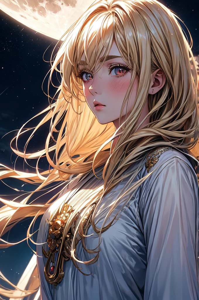 masterpiece, Highest quality, (Anime Girls), (Perfect Face:1.1), (High detail:1.1), (Ultra-detailed eyes), dramatic, (1 person:0.5), (Pale skin), Long blonde hair, Psychic Eyes, (Thin eyebrows), alone, Long Hair, moon, night, White luxury dress, fur, Proud look, Future City, Detailed Background, Art by artgerm, Cinema Lighting, rose,