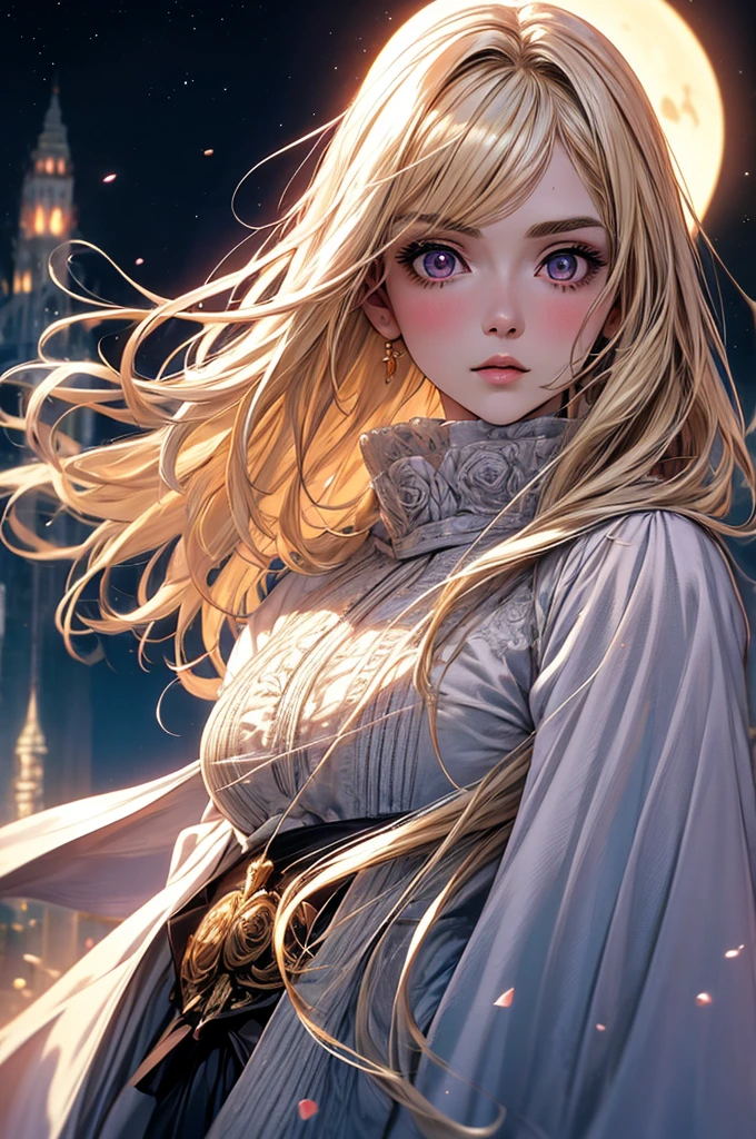 masterpiece, Highest quality, (Anime Girls), (Perfect Face:1.1), (High detail:1.1), (Ultra-detailed eyes), dramatic, (1 person:0.5), (Pale skin), Long blonde hair, Psychic Eyes, (Thin eyebrows), alone, Long Hair, moon, night, White luxury dress, fur, Proud look, Future City, Detailed Background, Art by artgerm, Cinema Lighting, rose,