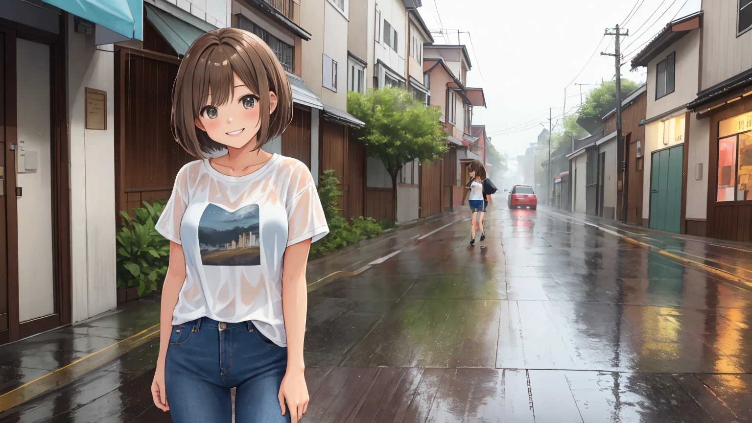 Uma rua vazia num dia chuvoso de verão、um tiro de uma mulher。A mulher tem cabelo castanho claro num bob muito curto.。As mulheres estão vestidas com t-shirts e calças de ganga。A mulher está encharcada pela chuva。Ela tem um sorriso bonito e uma pose fofa。