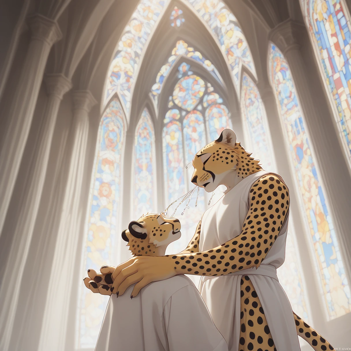 （Furry、Cheetah Boy）Yellow fluffy fur、Black spots、Thin white clothing、kneel、Eyes closed, looking down、Praying、Cathedral、Pouring light