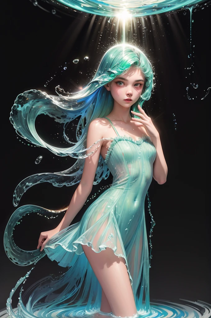 (masterpiece, 最high quality, high quality, High resolution, ultra-detailed), One girl,alone,Light_green_hair,liquid hair, long hair,floating hair, whole body, Are standing,Sundress, Liquid clothing,water dress,  最high quality, 8K, detailed skin texture,  beautiful detailed face, intricate details, ultra detailed,Dancing,   skirt_tail,