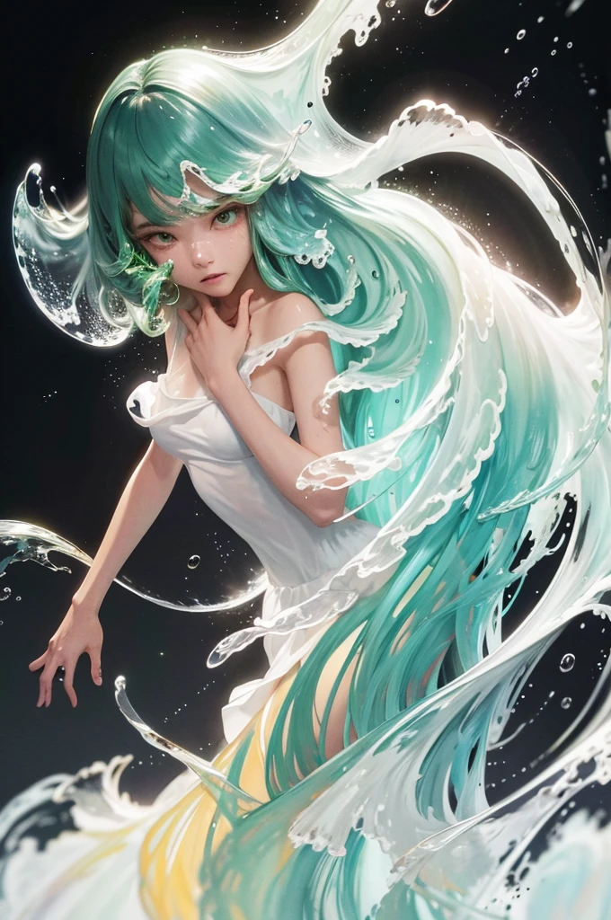 (masterpiece, 最high quality, high quality, High resolution, ultra-detailed), One girl,alone,Light_green_hair,liquid hair, long hair,floating hair, whole body, Are standing,Sundress, Liquid clothing,water dress,  最high quality, 8K, detailed skin texture,  beautiful detailed face, intricate details, ultra detailed,Dancing,   skirt_tail,