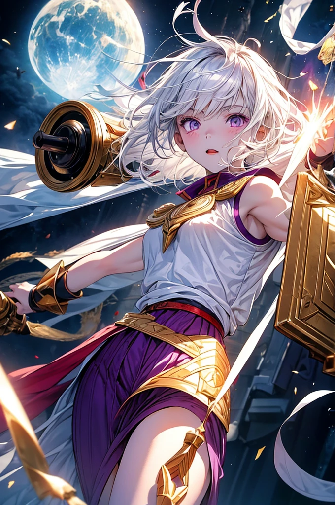 14-year-old girl, Good person, White skinned albino, White Hair, Purple eyes, Light firepower, The power of the sun, Pyrokinesis, material manipulation, No anger, Golden Clothes, Fully clothed, Wear a shirt, No muscles