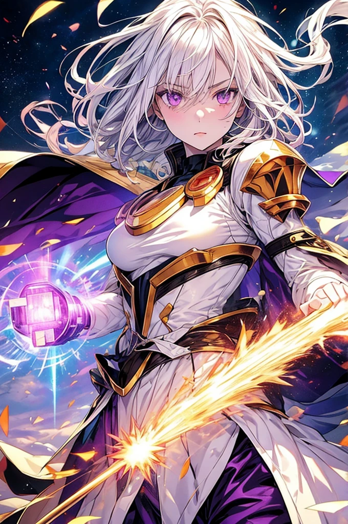 14-year-old girl, Good person, White skinned albino, White Hair, Purple eyes, Light firepower, The power of the sun, Pyrokinesis, material manipulation, No anger, Golden Clothes, Fully clothed, Wear a shirt, No muscles