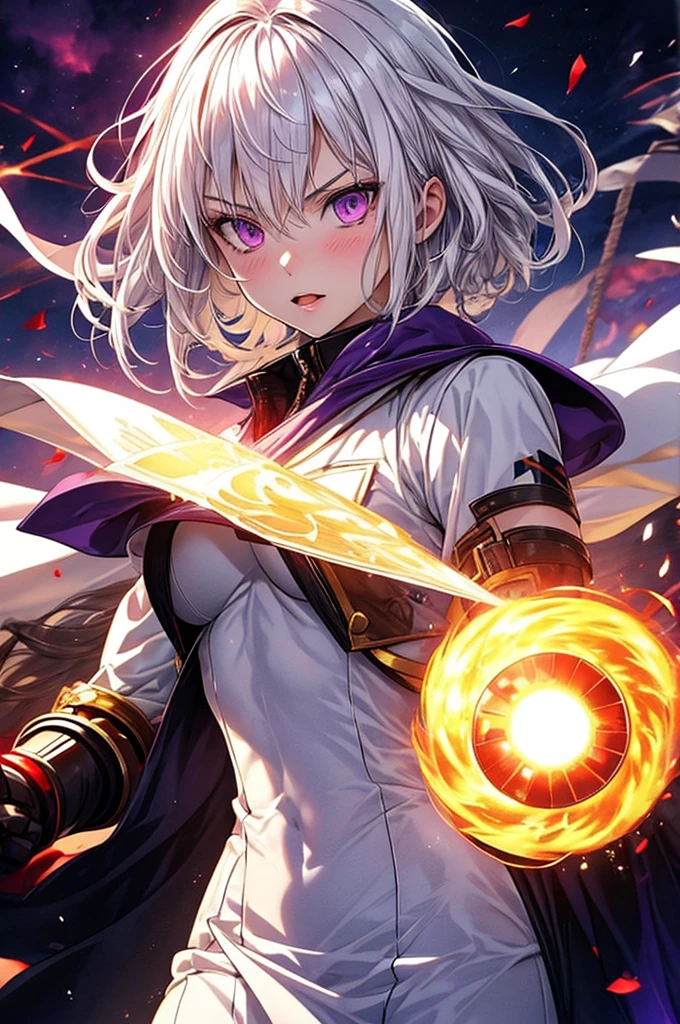 14-year-old girl, Good person, White skinned albino, White Hair, Purple eyes, Light firepower, The power of the sun, Pyrokinesis, material manipulation, No anger, Golden Clothes, Fully clothed, Wear a shirt, No muscles