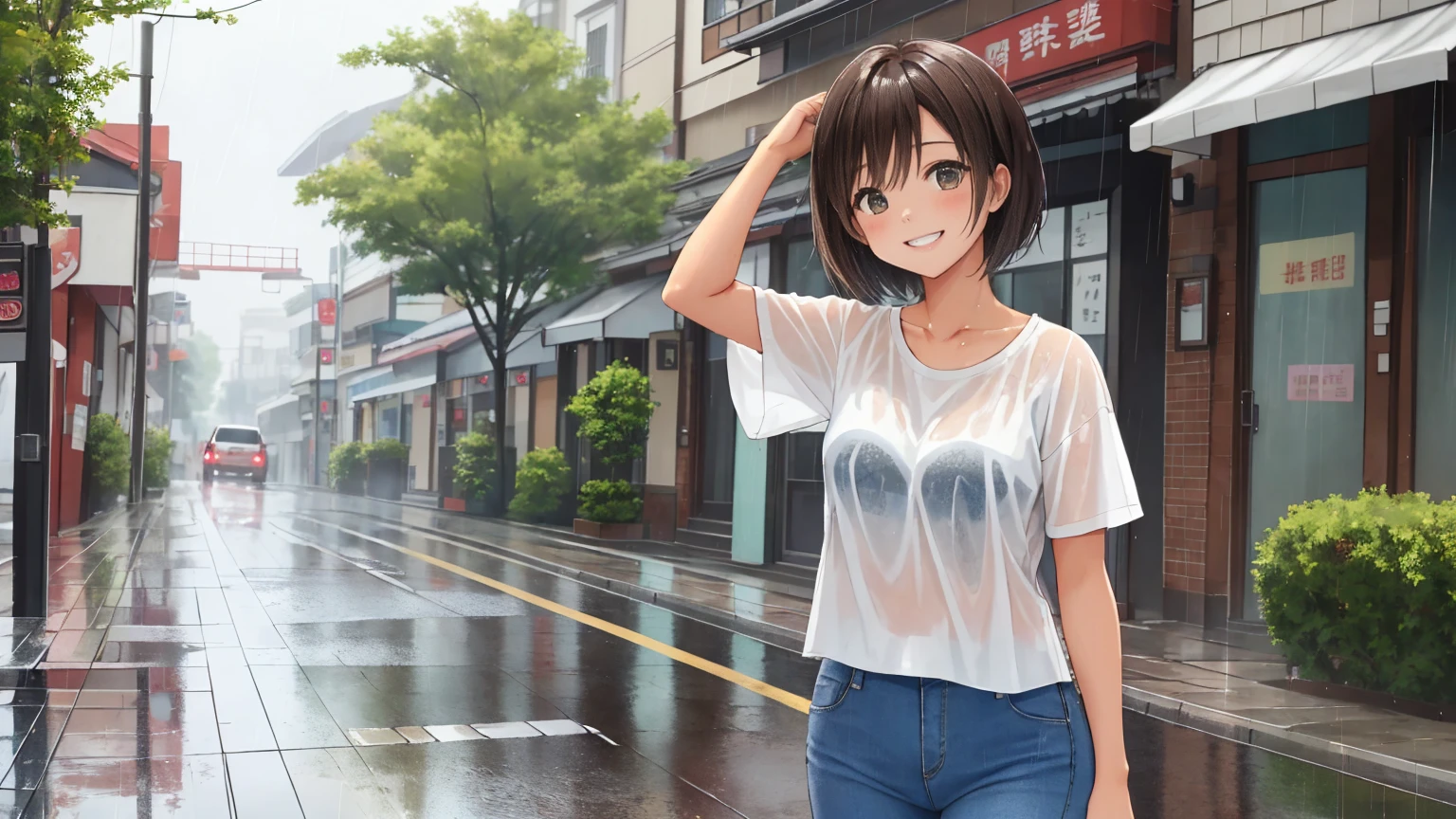 An empty street on a rainy summer day、A shot of a woman。The woman has light brown, very short bob hair that is wet from the rain。The woman is wearing a white T-shirt and jeans.。The woman is soaked in the rain。She has a cute smile and a cute pose。