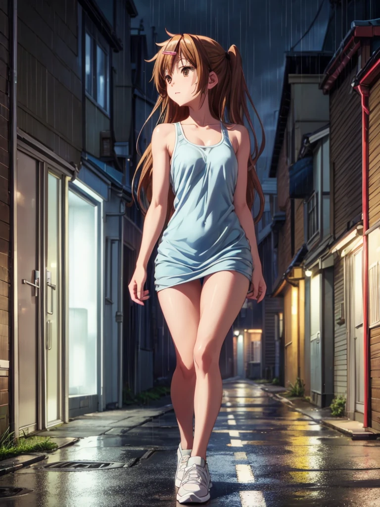 Girl, blue short tight dress , Bare breasts, chest visible, street  background, Narrow passage between houses, night, rain, slim body, In full growth, Sneakers, small breast 