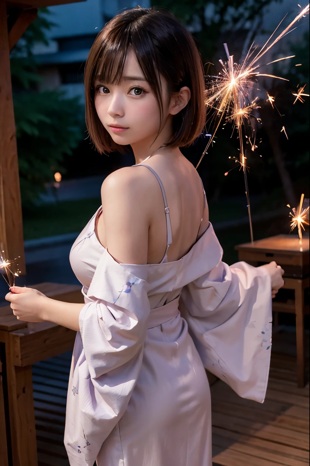 Perfectly Anatomically Correct:1.4, 5 Beautiful finger:1.4, 
1 Japanese Girl, Kawaii, Very Short Hair Bun:1.2, Wide-Set Eyes, Very White Skinned, Blush, Bashfully, 16-Year-Old, Open Mouse Slightly, 
Cute Eyes, Tareme, Brown Hair, Light Smile, 
(Japanese Sparklers Within Own Reached Arm:1.4), 
[Point Fireworks at Viewer:1.0], 
SkyBlue Yukata or Kimono or Japanese Clothes:1.6, 
Looking Back Viewer:1.2, from Back, from Side, 
SFW:1.0, Non-Nipple:1.0, 
 BREAK 
Light Purple Dusk, Riverside Deck, 
 BREAK 
8K, RAW Photo, Best Quality, Masterpiece, Realistic, PhotoRealistic, Extremely Detailed 8K Wallpaper, Beautifully Detailed Eyes, Finely Detailed Face, 
 BREAK 
High-Key Lighting, Professional Lighting, Bokeh:1.1