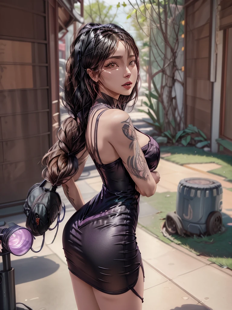 highly detailed portrait of 2 tatooed women, one black woman in a mini-dress and one Caucasian woman in a mini-dress, 2girls, by Atey ghailan, by greg rutkowski, by greg tocchini, by James gilleard, by Joe Fenton, by Kaethe butcher, voluptuous, super detailed face, ample curvaceous, highly detailed accentuated big booty with phenomenal detailed booty cheeks, great aesthetics, gradient purple, neon color scheme, grunge aesthetics, nightclub background, cinematic lighting, 32k, uhd,