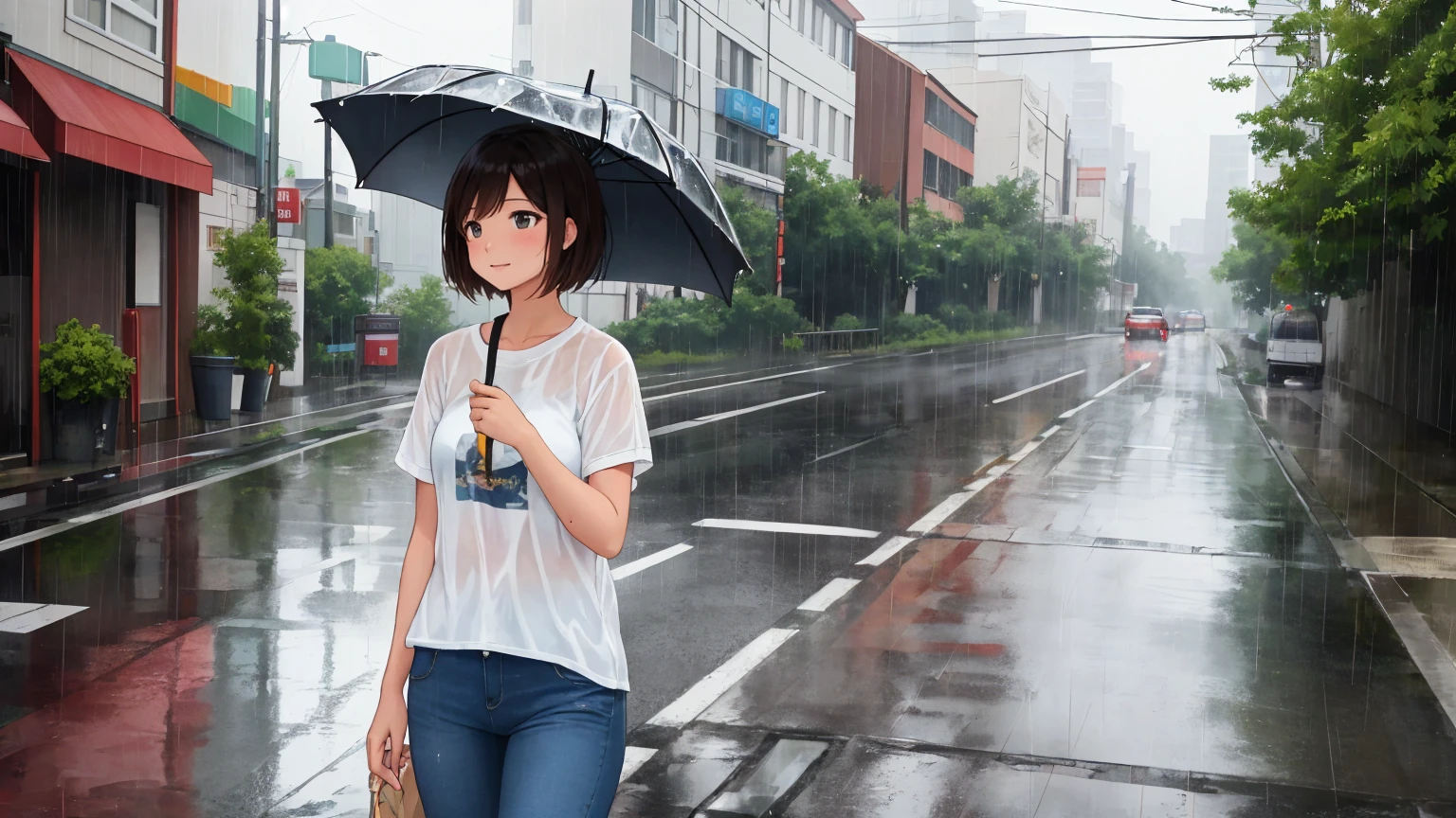 雨の降る夏の日の空っぽの通り、女性のショット。女性は薄茶色の, 雨に濡れたとても短いボブヘア。女性は白いTシャツとジーンズを着ている.。女性は雨に濡れている。彼女はかわいい &#39;テペロ&#39; ジェスチャー.。