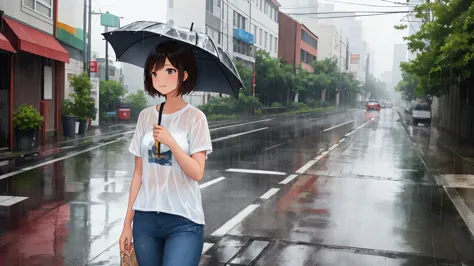 An empty street on a rainy summer day、A shot of a woman。The woman has light brown, very short bob hair that is wet from the rain...