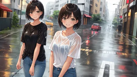 An empty street on a rainy summer day、A shot of a woman from the waist up.。The woman has light brown, very short bob hair that i...
