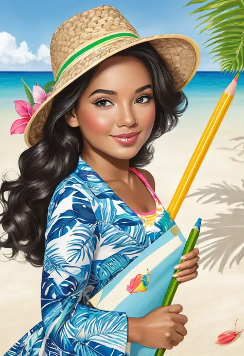 i need a pencil coloring picture of miss summer on a tropical beach --ar 3:4