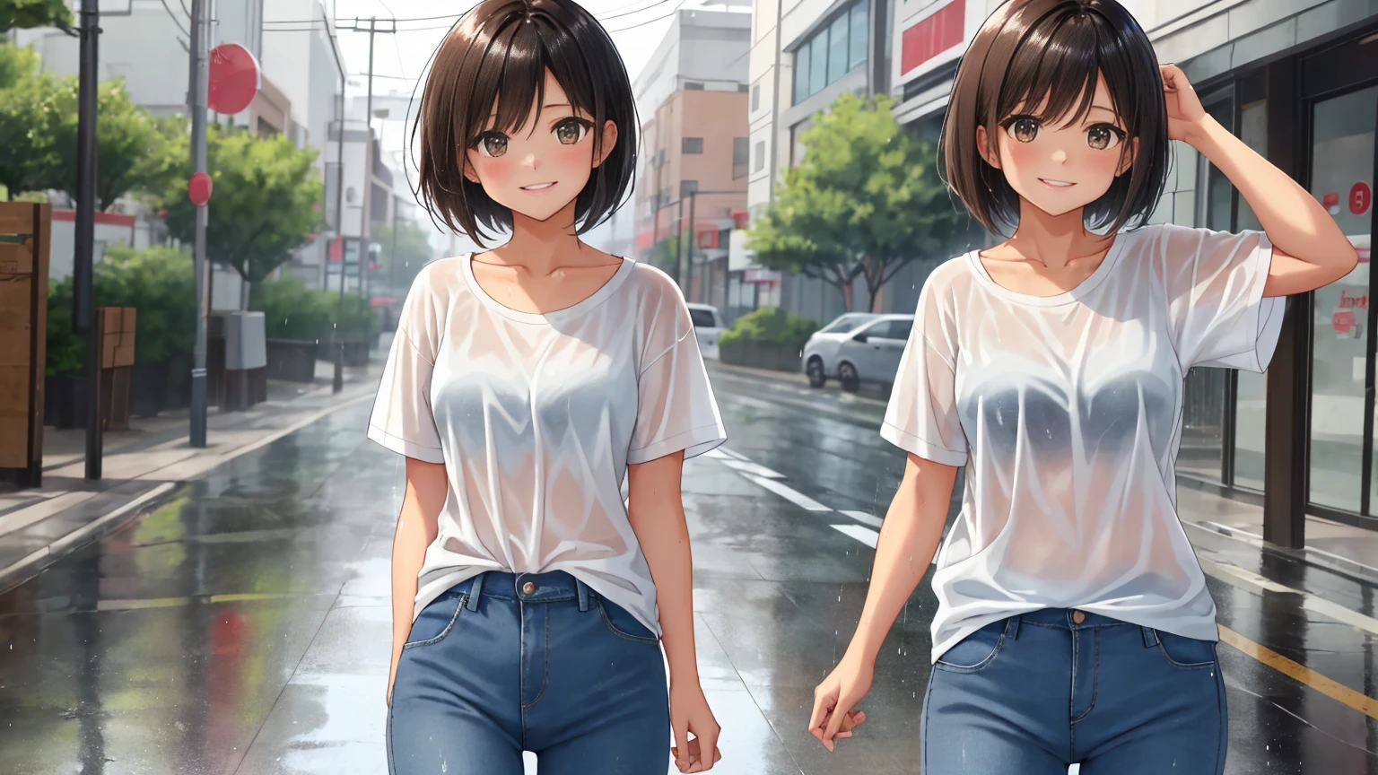 雨の降る夏の日の空っぽの通り、腰から上の女性のショット.。女性は薄茶色の, 毛先から雨粒が落ちて濡れている非常に短いボブヘア.。女性は白いTシャツとジーンズを着ている.。女性は雨に濡れている。困った笑顔で可愛くポーズを取っている.
