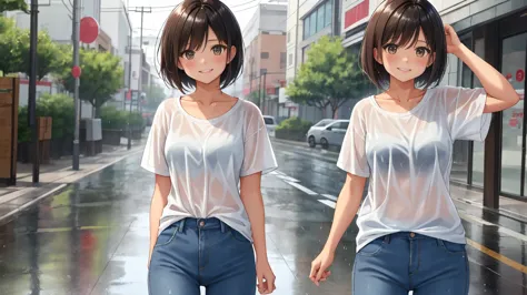 An empty street on a rainy summer day、A shot of a single woman from the waist up.。The woman has light brown, very short bob hair...
