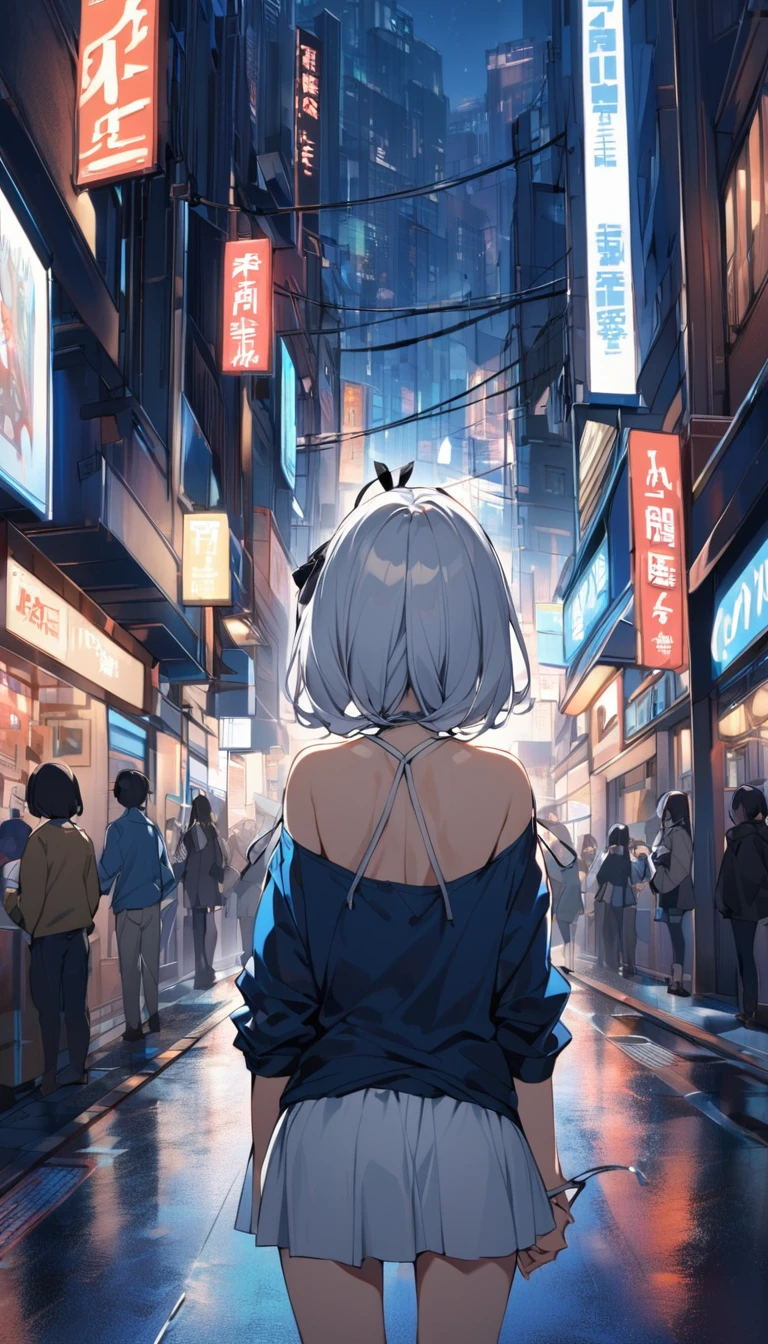 A young woman with long untied white hair, with bangs, a black bow on her head, black round glasses with a candy in her mouth, a plain blue shirt, a short white skirt, her back turned in the middle of the city at night.