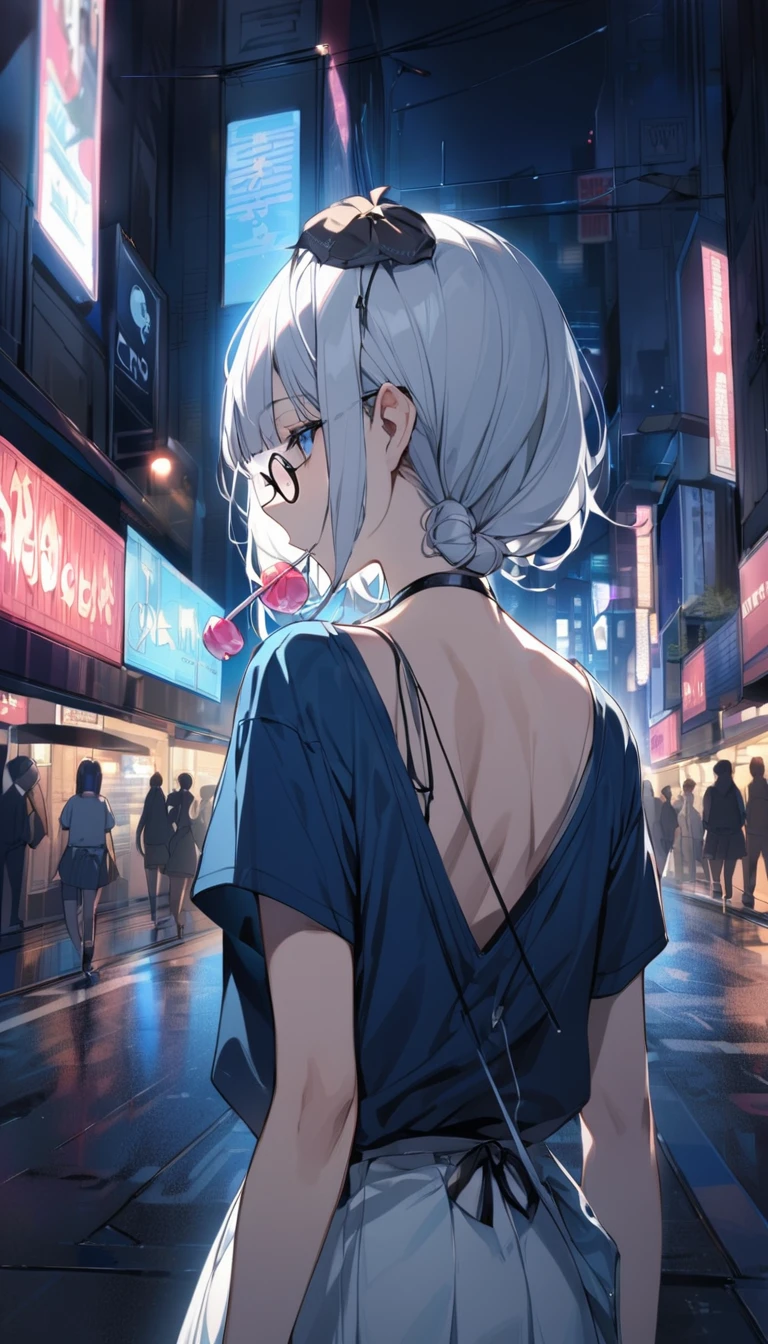 A young woman with long untied white hair, with bangs, a black bow on her head, black round glasses with a candy in her mouth, a plain blue shirt, a short white skirt, her back turned in the middle of the city at night.