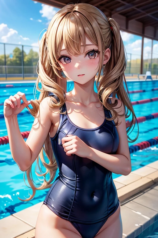 one girl, (a beauty girl, delicate girl:1.3), (12 years old:1.3), BREAK, (Navy school swimsuit:1.3), BREAK, Very detailed clarity, (Symmetrical eyes:1.3), BREAK, (School swimming pool, Outdoor:1.3), BREAK, Small breasts、 Brown eyes, ((Gal Hairstyles)) bionde, girl, BREAK, (Eye and facial details:1.0), BREAK, (masterpiece, Highest quality, Very detailed, Detailed face, 8k)