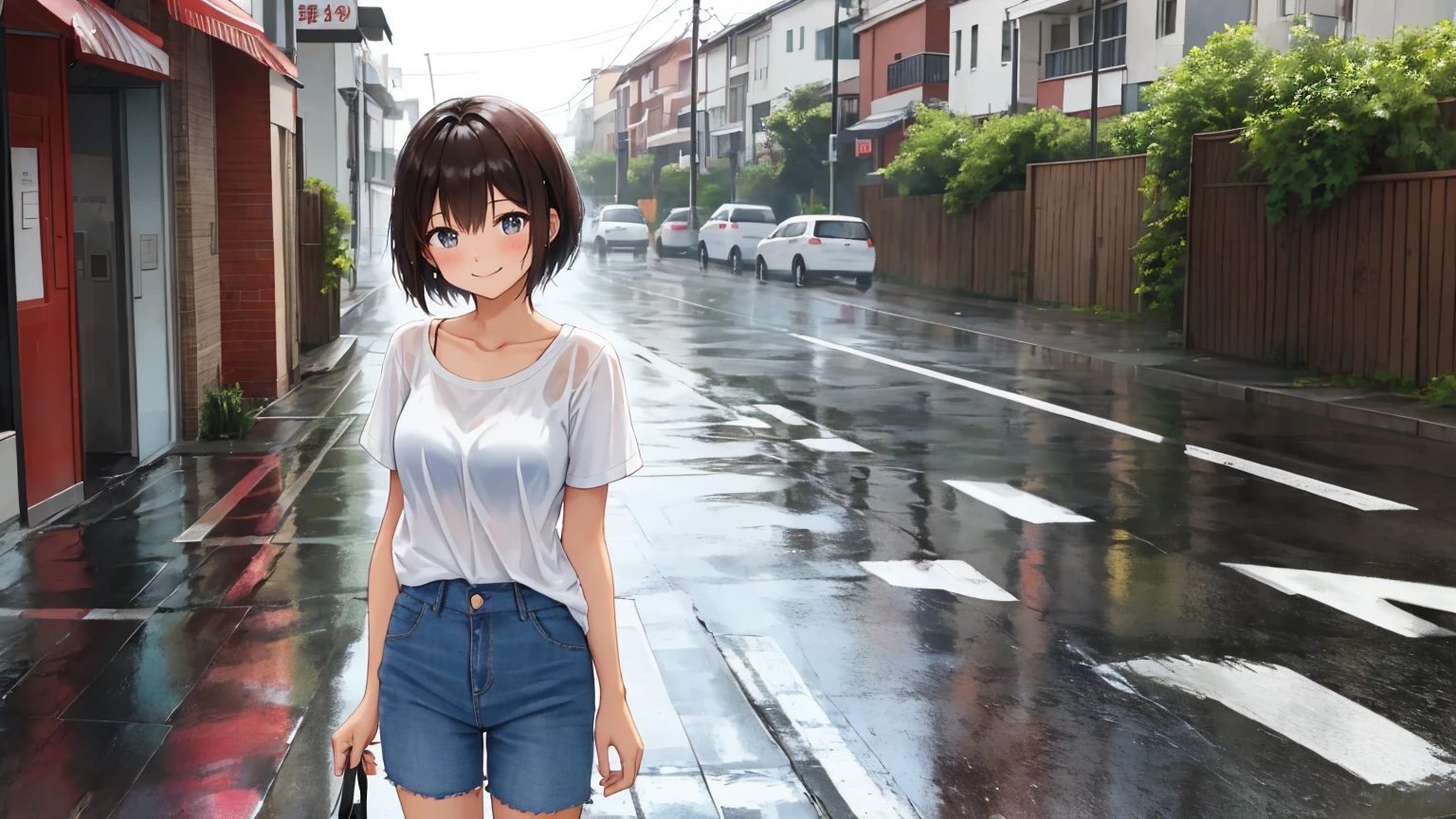 雨の降る夏の日の空っぽの通り、腰から上の女性のショット.。女性は一人だけ。女性は薄茶色の, 毛先から雨粒が落ちて濡れている非常に短いボブヘア.。女性は白いTシャツとジーンズを着ている.。女性は雨に濡れている。困った笑顔で可愛くポーズを取っている.
