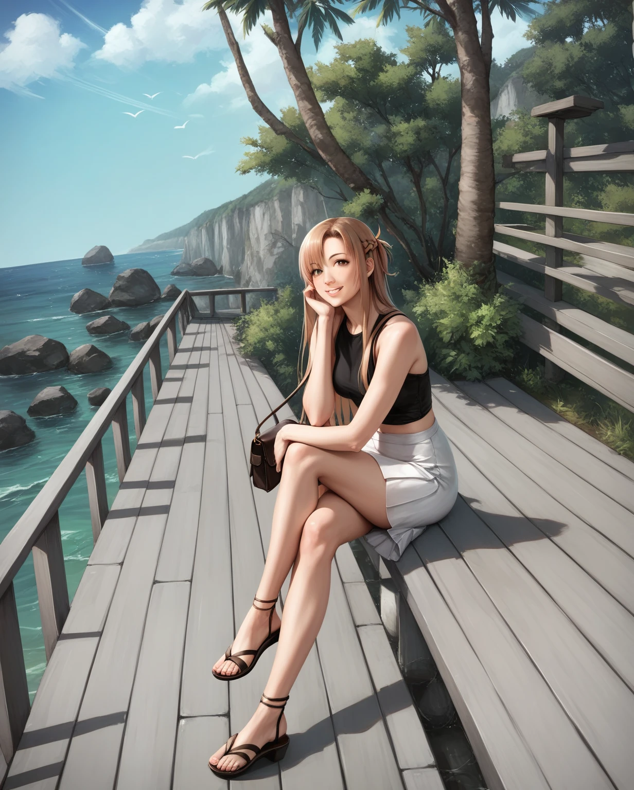  uncensored, Yuuki Asuna, sitting, sandals, outdoors, crossed_legs, long_hair, skirt, ocean, handbag, day, smile, realistic, sky, bag, tree, looking_at_viewer, water, head_rest, white_skirt