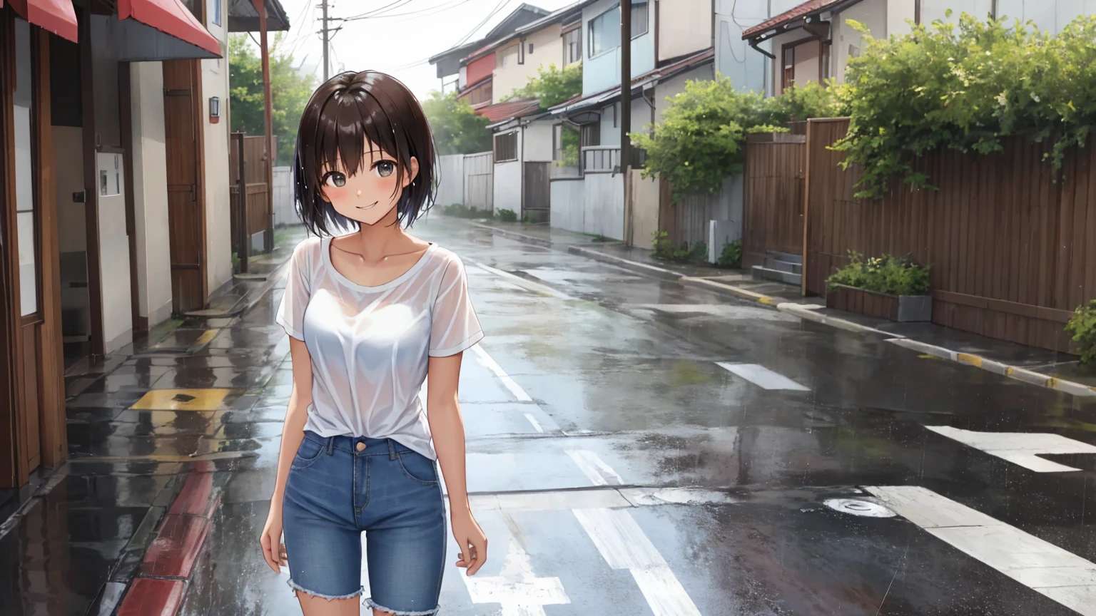 雨の降る夏の日の空っぽの通り、腰から上の女性のショット.。女性は一人だけ。女性は薄茶色の, 毛先から雨粒が落ちて濡れている非常に短いボブヘア.。女性は白いTシャツとジーンズを着ている.。女性は雨に濡れている。困った笑顔で可愛くポーズを取っている.
