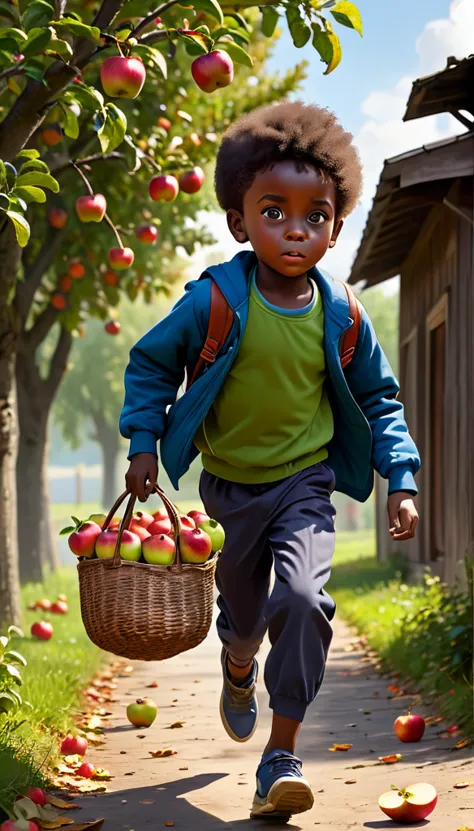 dark-skinned boy, boy 4d, full length boy, boy runs with a bag of apples, apples fall out of the bag, boy runs from grandmother ...