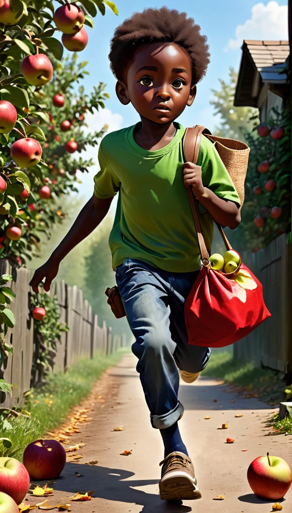 dark-skinned boy, boy 4d, full length boy, boy runs with a bag of apples, apples fall out of the bag, boy runs from grandmother with a gun, grandma catches up with the boy from behind, there&#39;s a lot of confusion all around 