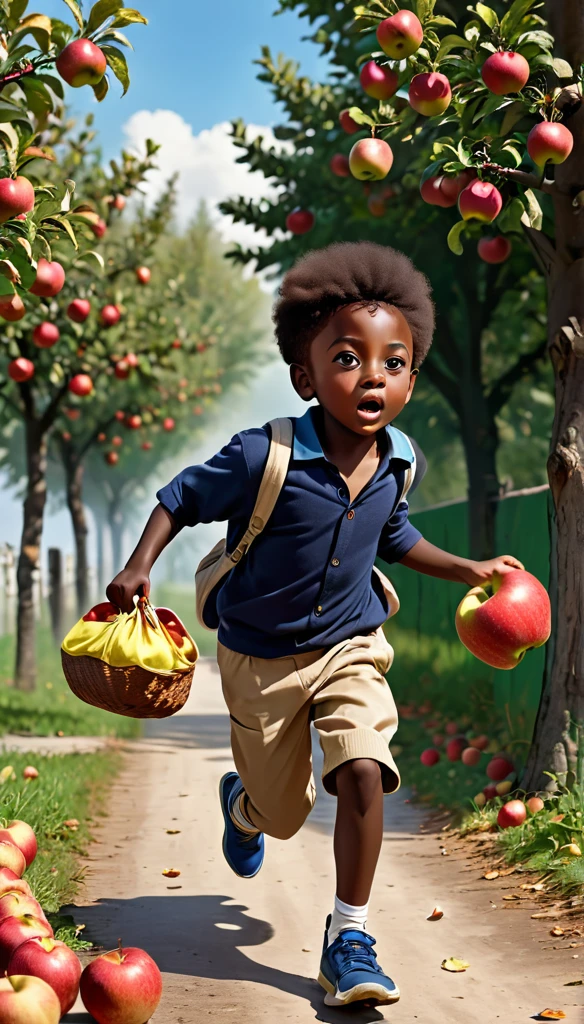 dark-skinned boy, boy 4d, full length boy, boy runs with a bag of apples, apples fall out of the bag, boy runs from grandmother with a gun, grandma catches up with the boy from behind, there&#39;s a lot of confusion all around 