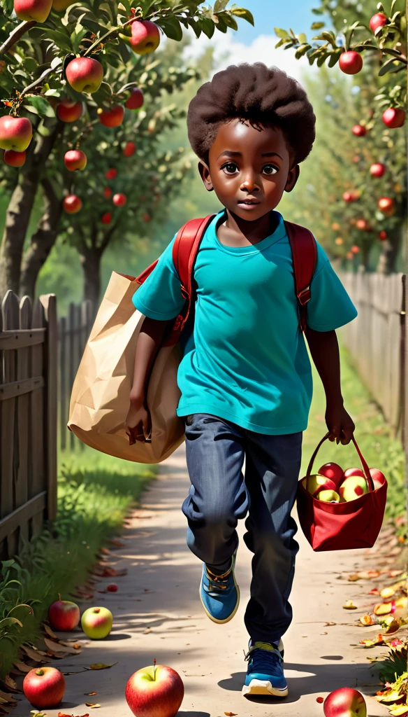 dark-skinned boy, boy 4d, full length boy, boy runs with a bag of apples, apples fall out of the bag, boy runs from grandmother with a gun, grandma catches up with the boy from behind, there&#39;s a lot of confusion all around 