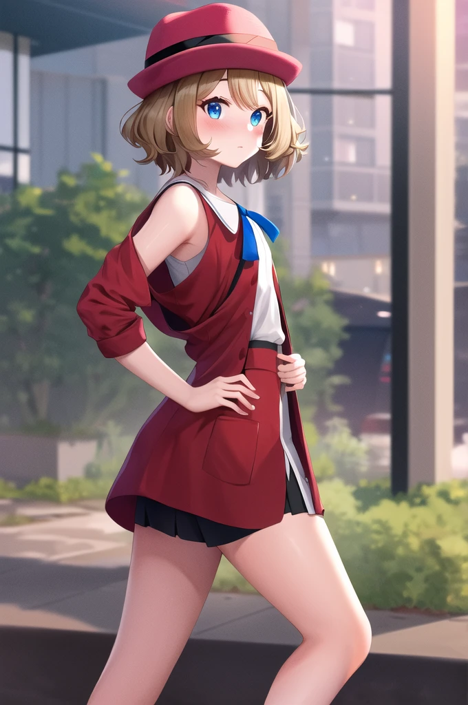 masterpiece, Highest quality, High resolution, Serena \(Pokemon\), short hair, blue eyes, One girl, alone, Blue Ribbon, eyelash, Black thighs, Neck ribbon, No sleeve, bangs, clavicle, Bare arms, Pink Dress, Red coat, Pink hat, Outdoor, Sitting, return, turning return to the viewer, Looking over your shoulder, surprise,blush, ((Lift up your skirt, Panty shot)), panties, 高品質panties,  赤いpanties, Hands on hips.