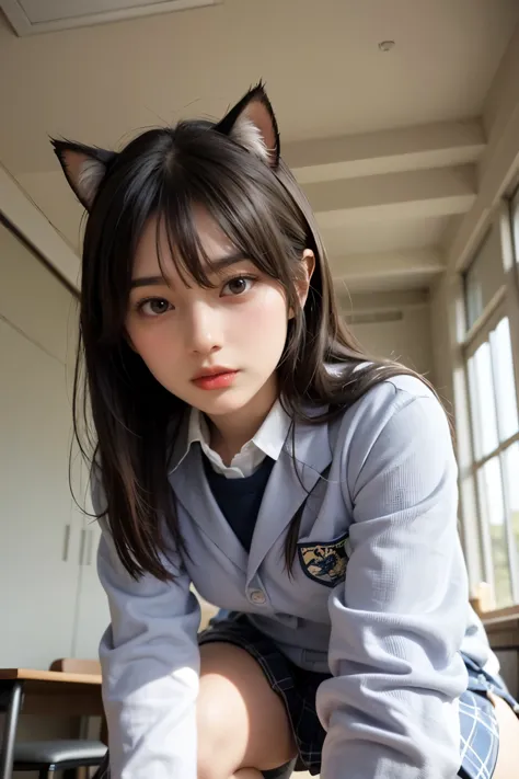 Masterpiece, bokeh, Beautiful Japanese idle, (school uniform:1.3), crouching in classroom, From below, Cat ears,