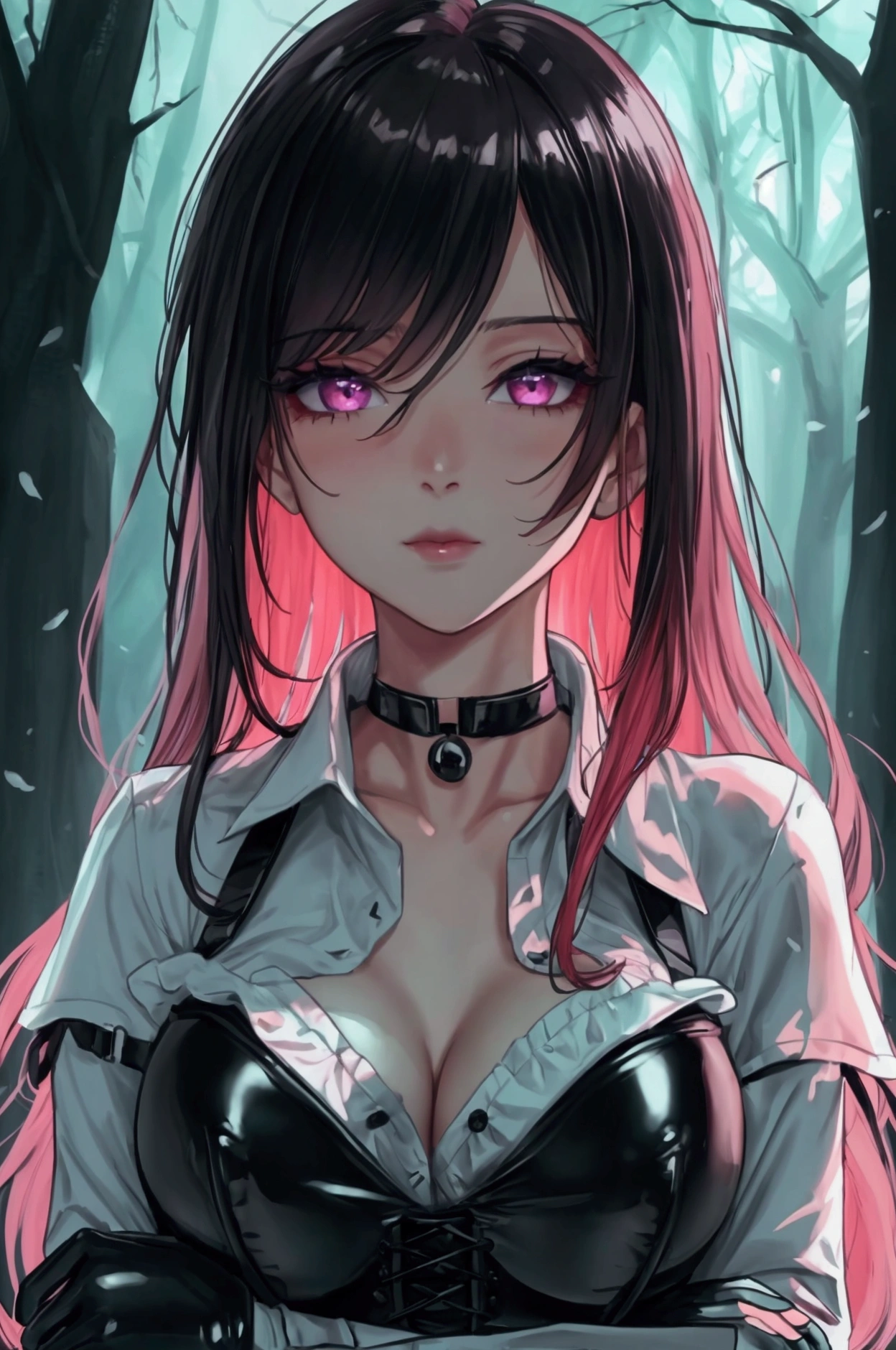 Masterpiece, Beautiful art, professional artist, 8k, Very detailed face, Detailed clothing, detailed fabric, 1 girl, View from the front, standing, crossed arms, pose sexy, BIG BREASTS, perfectly drawn body, shy expression, pale skin, beautiful face, long black hair, 4k eyes, very detailed eyes, pink cheeks, choker:1.6, (white long sleeve button down shirt with white collar), black gloves, gloves that cover hands, (black leather corset), (shiny black leggings), Sensual Lips, show details in the eyes, dark forest, Atmosphere, fog, At night