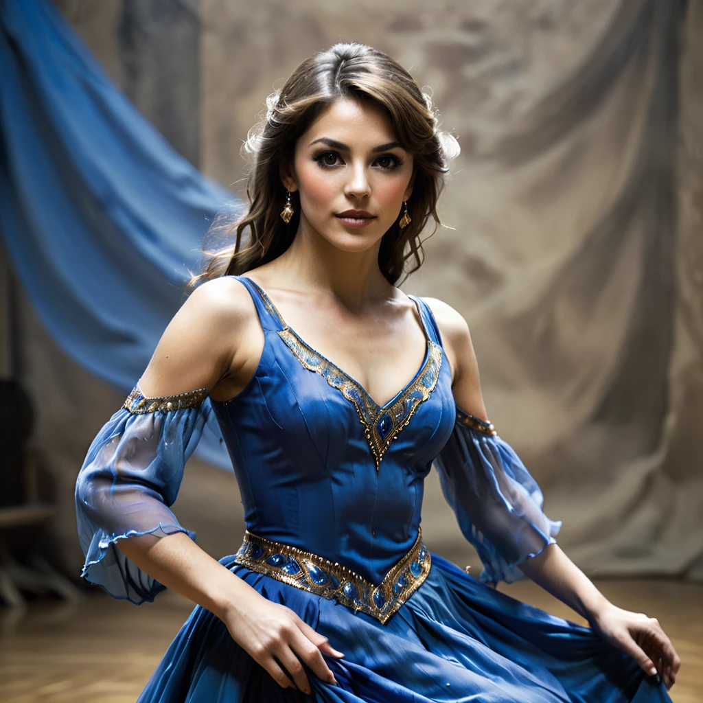 
bearded woman, medium-long brown hair, brown eyes, blue dancer's dress