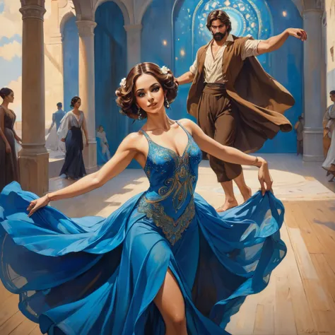 
bearded woman, medium-long brown hair, brown eyes, blue dancer's dress