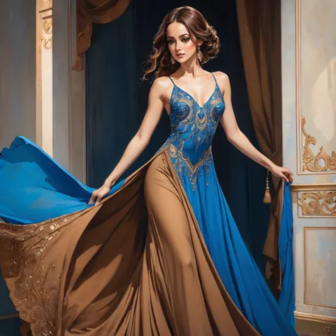
bearded woman, medium-long brown hair, brown eyes, blue dancer's dress
