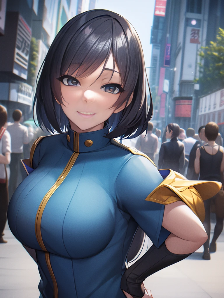 Masterpiece,8k, perfect face highly detailed,HDR, ultra realistic photoshoot, absurdres,award winning photo, extremely detailed, amazing, fine detail, 
KazAsuka, Japanese woman, blue crop top, big breasts, denim jacket and minishorts, short black hair, MMA gloves, posing for a picture, in the streets of Osaka