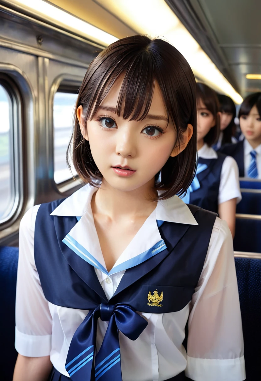 ((R18)), ((Browsing Caution)), (nsfw:1.7), (((pussy juice))), ((fellatio)), ((How)),Japanese Girls、Short Hair、bangs、(Perfect figure)、Transparency、Gloss、(The most beautiful breasts)、(School uniform)、Navy blue ribbon、Light blue shirt、on the train、(dirty)、((雨にWet体))、((Wet))、actress、Nogizaka idol、((sex))