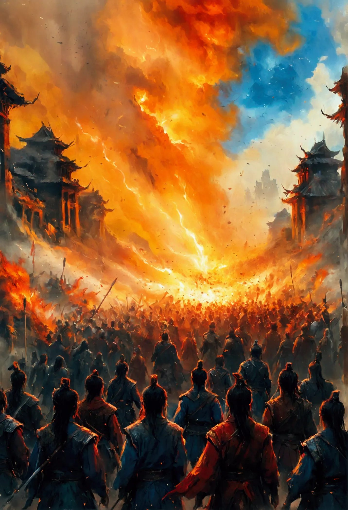 create a vivid and intense scene of a burning battlefield, drawing inspiration from the epic battles depicted in the indian sacr...