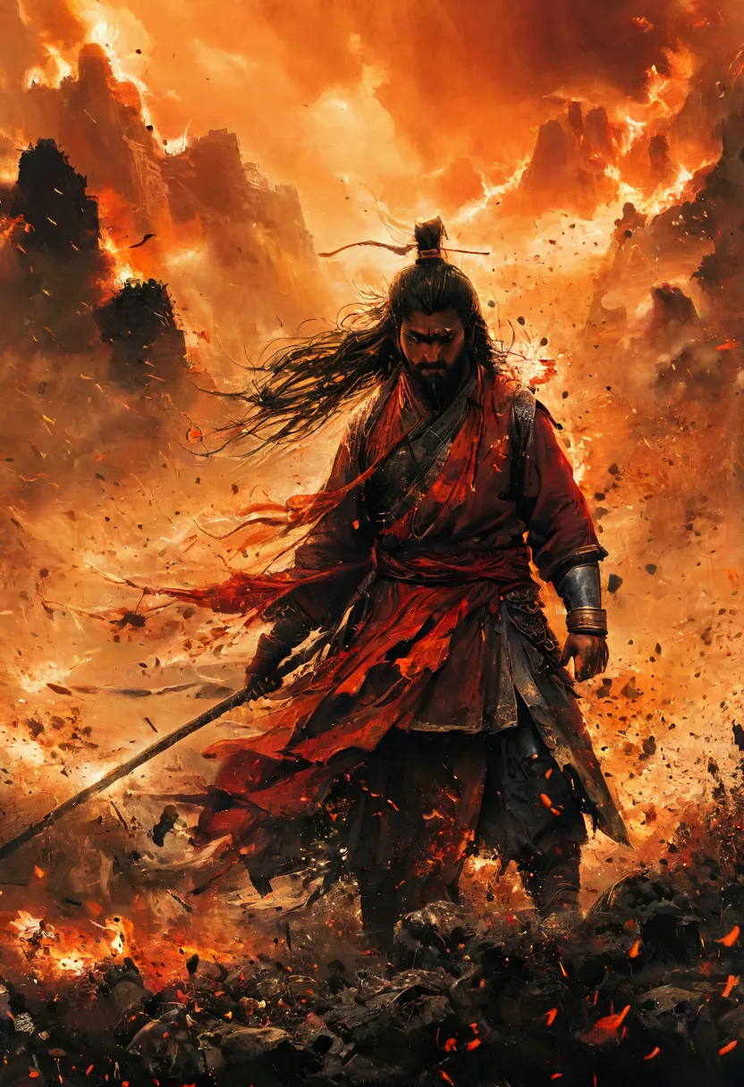 create a vivid and intense scene of a burning battlefield, drawing inspiration from the epic battles depicted in the indian sacr...