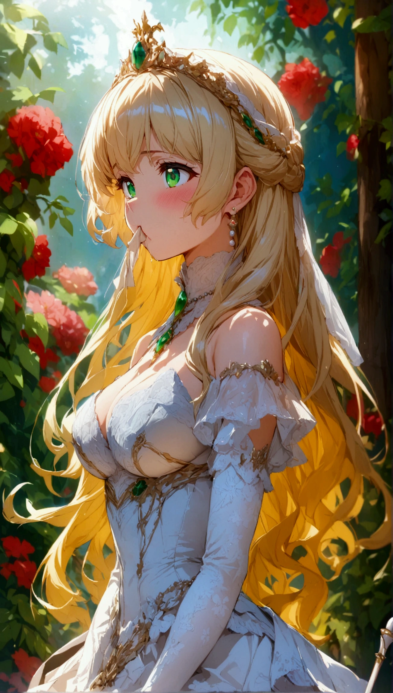 Anime. 1 Girl. Cute girl. Princess. Blonde. Long hair. Wavy hair. Green eyes. Beautiful eyes. Perfect eyes. Expressive eyes. Blind eyes. Blind. Ideal face. 16 years. Sitting chest. Beautiful breasts. Ideal anatomical body. Beautiful long legs. Luxurious white dress. White stockings. High heel shoes. White cane. Diadem. Pearl necklace. Neat earrings. White gloves. Cold. Runny nose. Snot flows from the nose. Wants to sneeze. I need to read it. Violent, desperate desire to sneeze. She sneezes. Snot flows from my nose after sneezing. Handkerchief. Covers his nose with his hand. Blows his nose. Standing at full height. She is standing on the street. Stands in the royal garden. Beautiful character design. Shiny skin. Full body. Official
art. Extremely detailed CG Unity 8k wallpaper. Ideal lighting. Ultra high resolution 4K. Super detailed 8K. A high resolution.