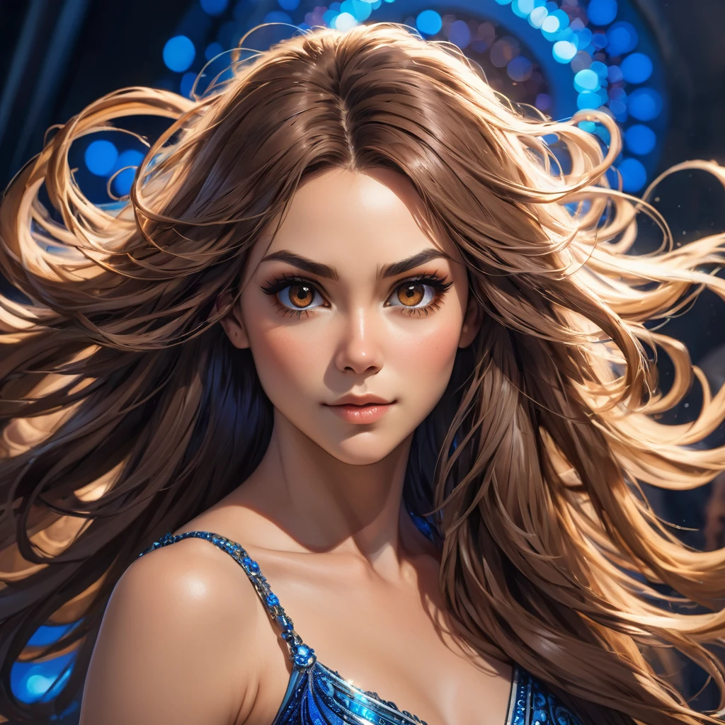 
precise portrait, woman with a well-trimmed hairy and shaggy beard, medium-long brown hair with side bangs, hypnotizing brown eyes, blue dancer's dress