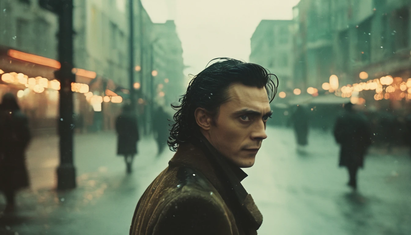 Foto callejera antigua de 35 mm de Loki del futuro, caminando en la calle , confundido , bokeh, Profesional