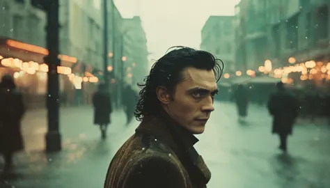 35mm vintage street photo of Loki from future, walking in the street , confused , bokeh, professional