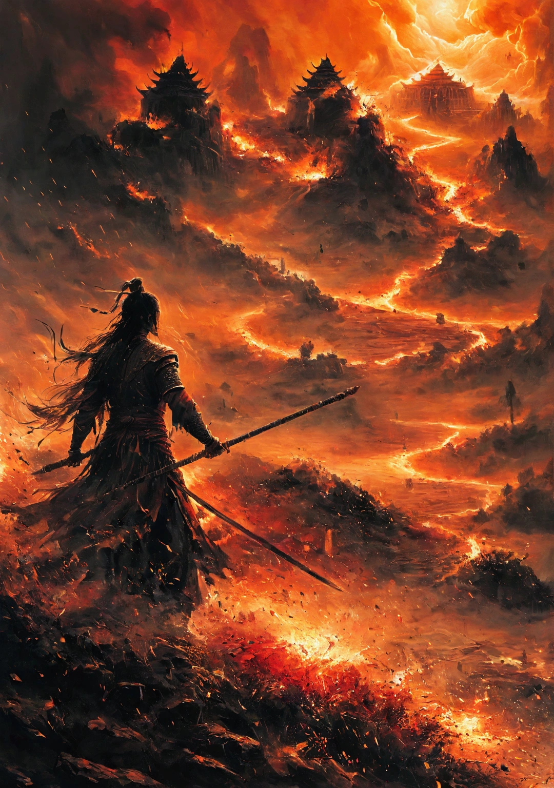 Create a vivid and intense scene of a burning battlefield, drawing inspiration from the epic battles depicted in the Indian sacred texts like the Mahabharata and the Ramayana. The scene should capture the chaos and grandeur of an ancient war, with warriors clad in traditional armor, wielding swords, bows, and magical weapons. The landscape is ablaze with fire, casting an orange glow over the battlefield. In the background, majestic temples and ancient structures stand as silent witnesses to the clash. The sky is dark with smoke and ash, and mythical creatures and divine beings can be seen amidst the turmoil, adding an ethereal and mystical element to the scene. Emphasize the dramatic and epic nature of the battle, with dynamic poses and expressive faces of the warriors