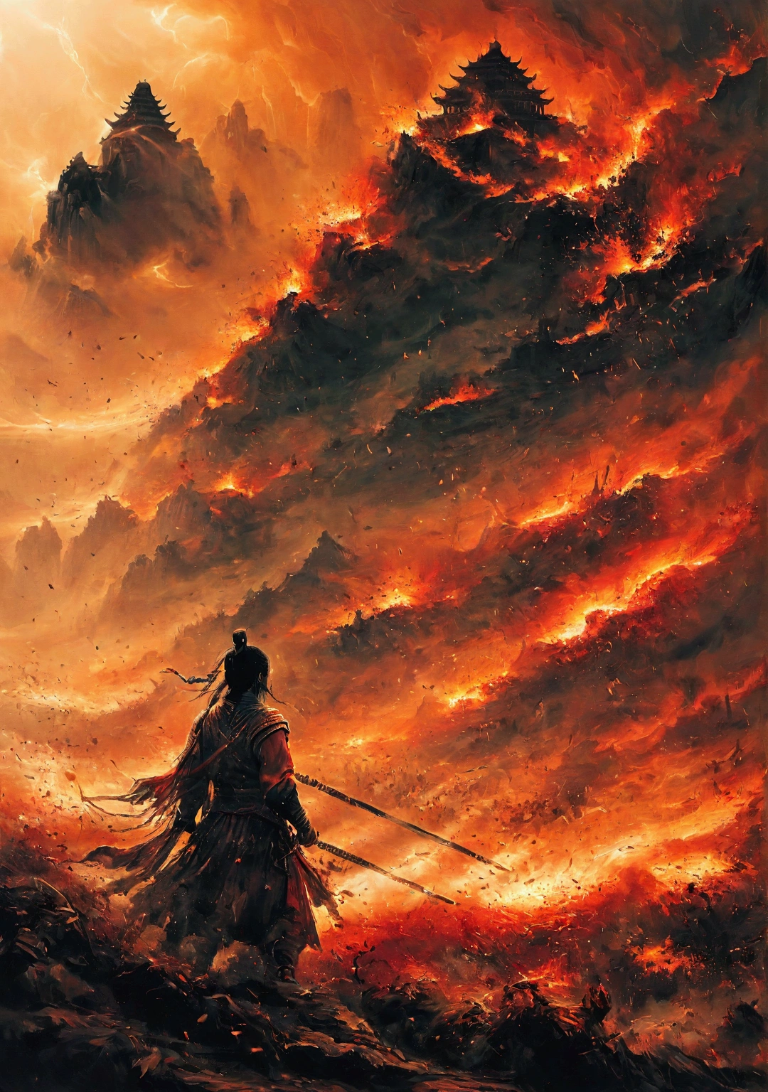 Create a vivid and intense scene of a burning battlefield, drawing inspiration from the epic battles depicted in the Indian sacred texts like the Mahabharata and the Ramayana. The scene should capture the chaos and grandeur of an ancient war, with warriors clad in traditional armor, wielding swords, bows, and magical weapons. The landscape is ablaze with fire, casting an orange glow over the battlefield. In the background, majestic temples and ancient structures stand as silent witnesses to the clash. The sky is dark with smoke and ash, and mythical creatures and divine beings can be seen amidst the turmoil, adding an ethereal and mystical element to the scene. Emphasize the dramatic and epic nature of the battle, with dynamic poses and expressive faces of the warriors