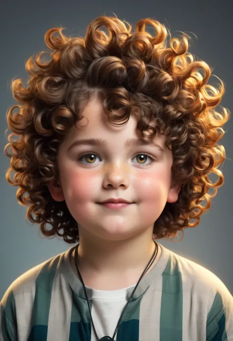 Make a chubby 10 year old boy with curly hair who has electrical powers 