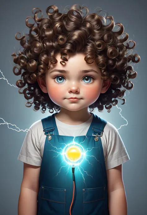 make a chubby 10 year old boy with curly hair who has electrical powers