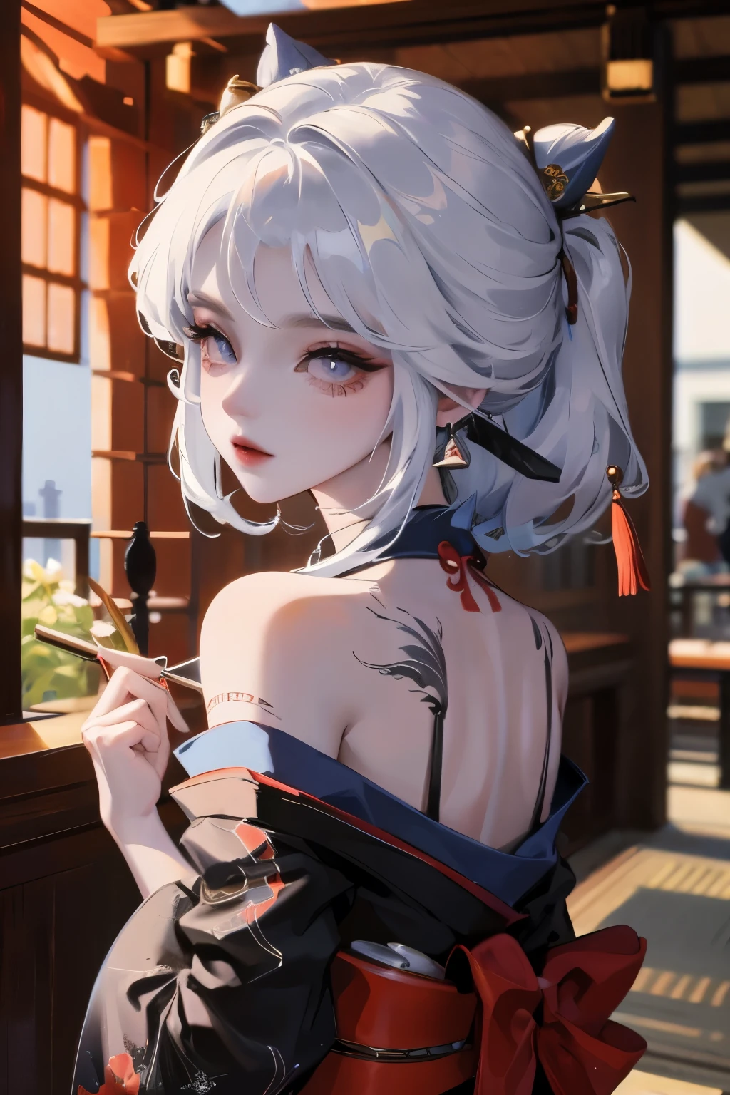 masterpiece, Top quality, best quality, Official Art, beautiful and aesthetic:1.2),1 Girl, Tattoo, Solitary, Japanese clothes, Red and black kimono, Hair accessories, unsheathing, Black Hair, sheath, back Tattoo, dragon Tattoo, blue eyes, Off-shoulder, Bare shoulders, look back, From the back, flower, Looking at the audience, Keep, cosmetic, outdoor,